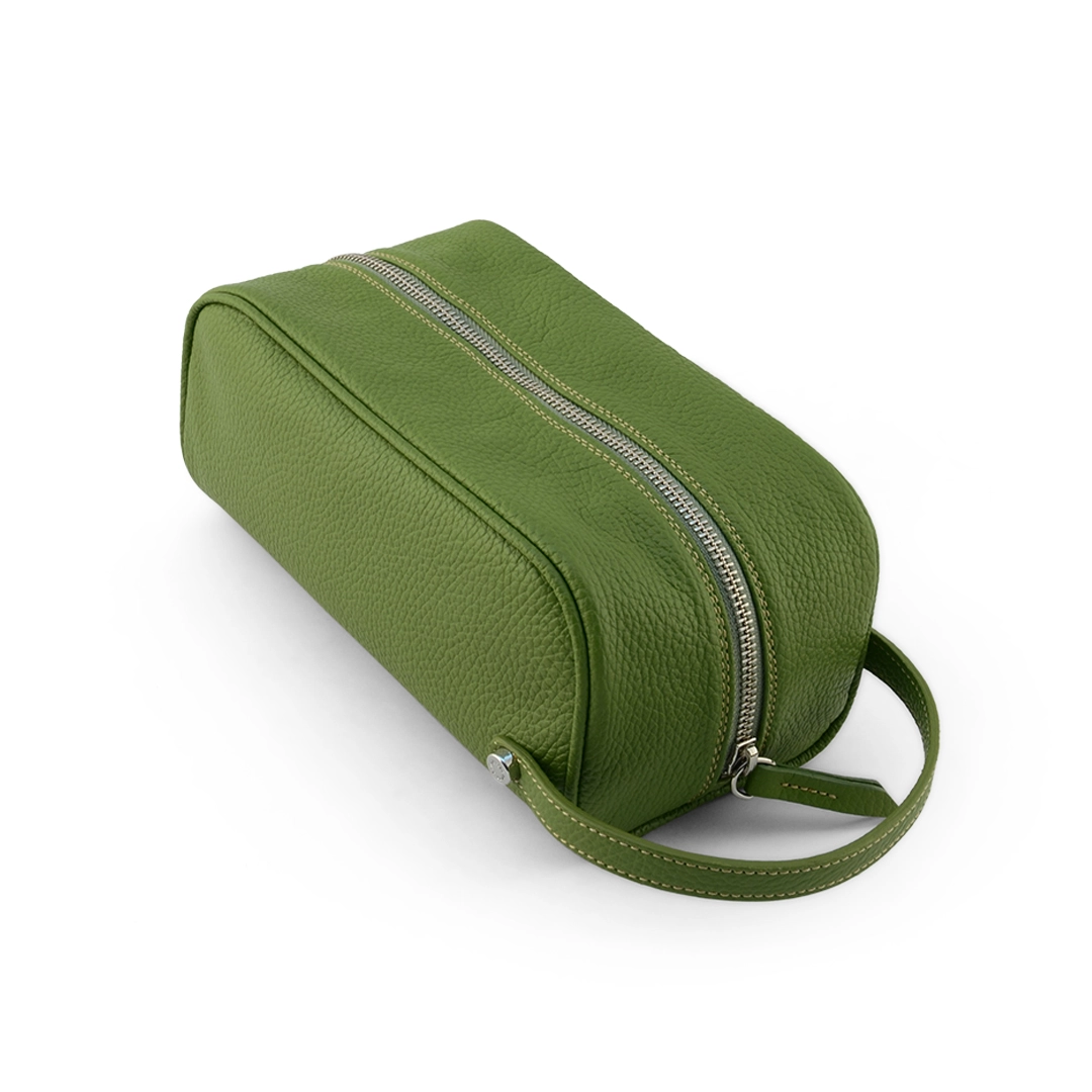 Italian leather toiletry bag customized color - caterpillar green