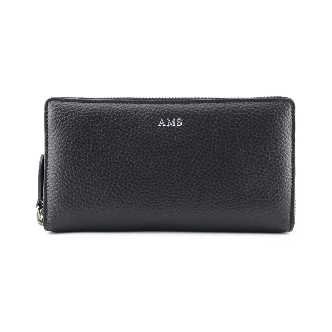 women’s leather zip around wallet in black - Italian handmade - initials with silver letters