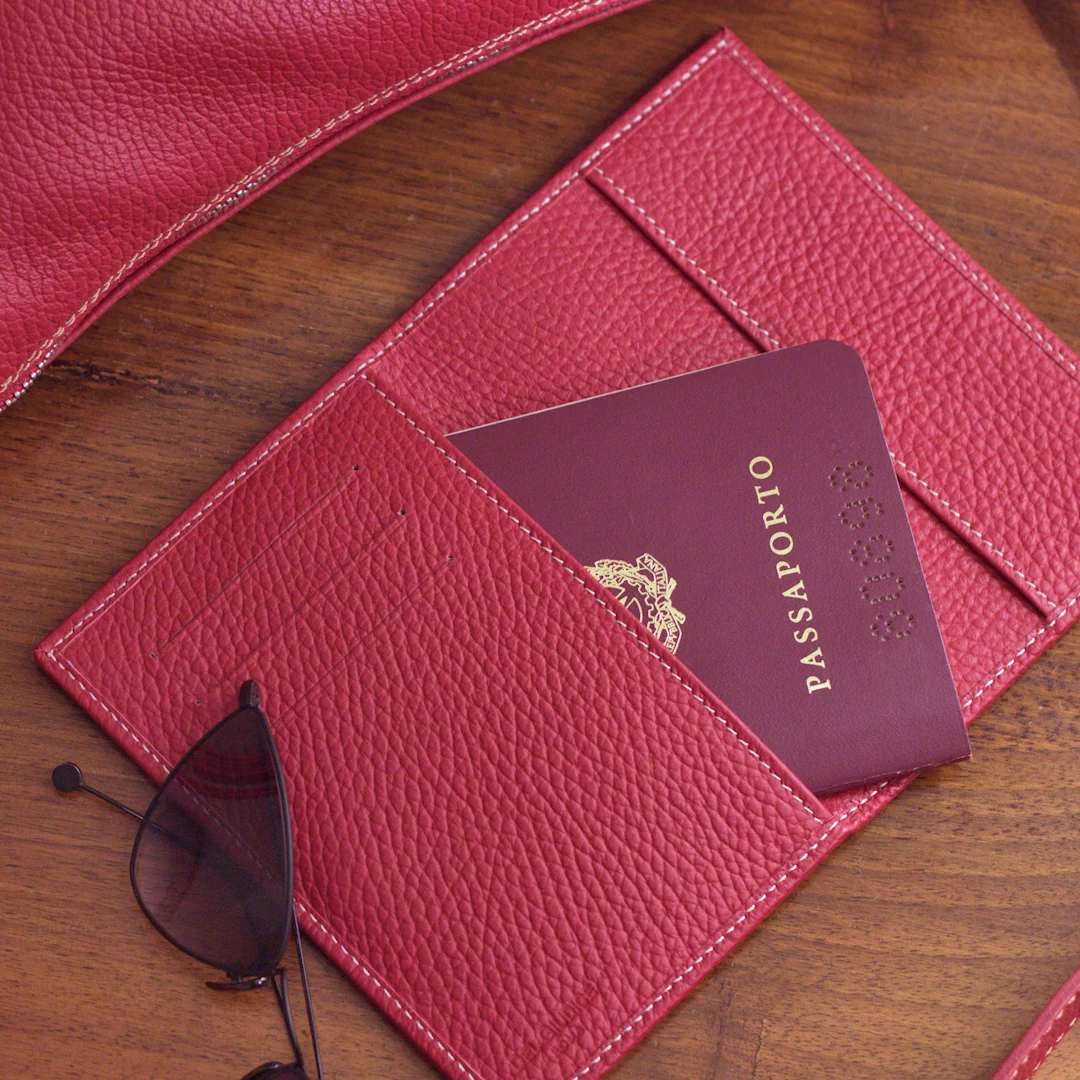 leather passport holder with travel documents
