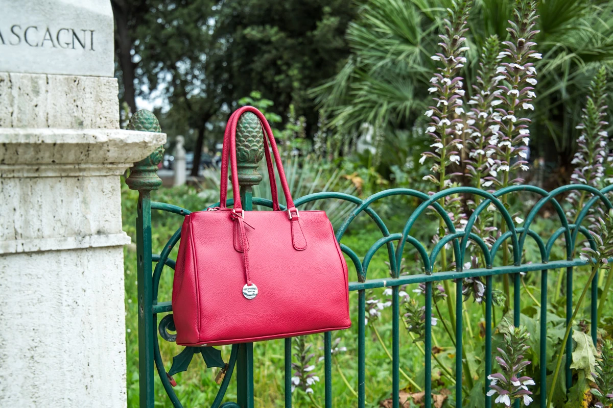 Italian leather handbag photographed outdoors