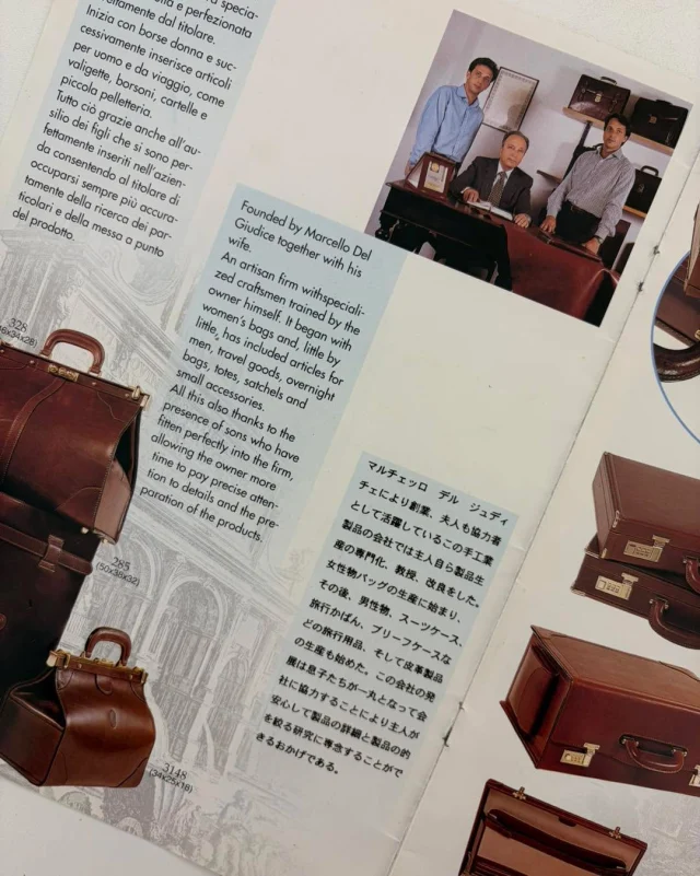 A page from one of our brochures from the early 1990s, featuring Marcello, Mauro and Andrea Del Giudice.
At the time, our workshop also produced many men’s leather goods, including briefcases, travel bags, work cases and accessories.
These old catalogues help us remember the models we made and how our production has changed over the years.
.
.
.
#italianleatherbags #handmadeleatherbag #madeinitaly #leathercraft #craftsmanship #leatherbag #leathershoproma #handleatherbag #leathershop #rome